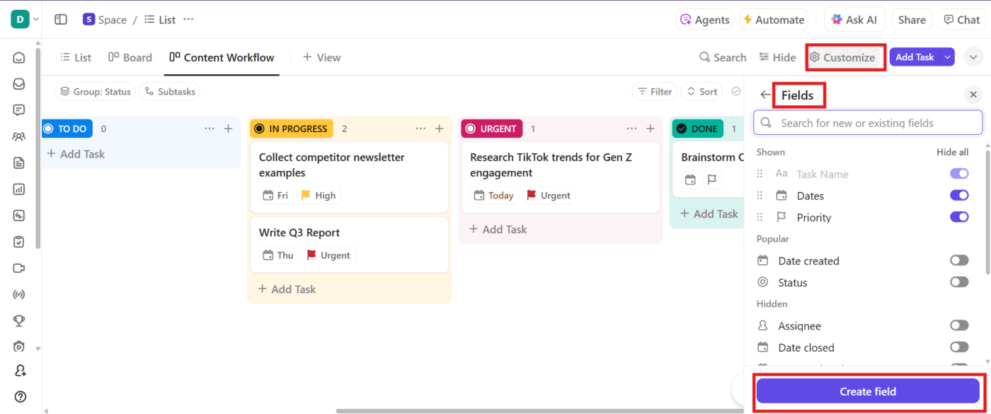 ClickUp Custom Fields : how to create a Kanban board