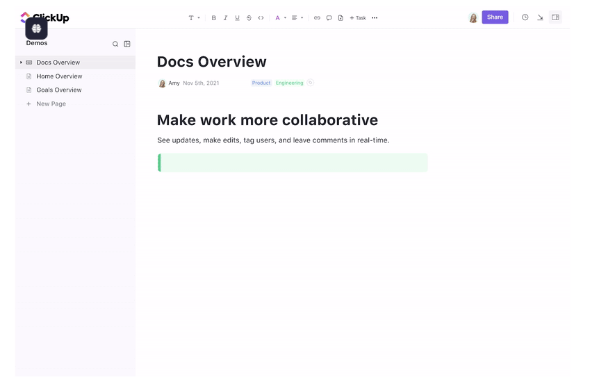 ClickUp Docs: Implementing performance goals becomes easy with the right documentation