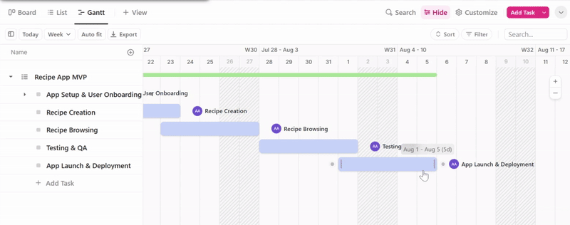 ClickUp attività cardine: diagramma di Gantt agile