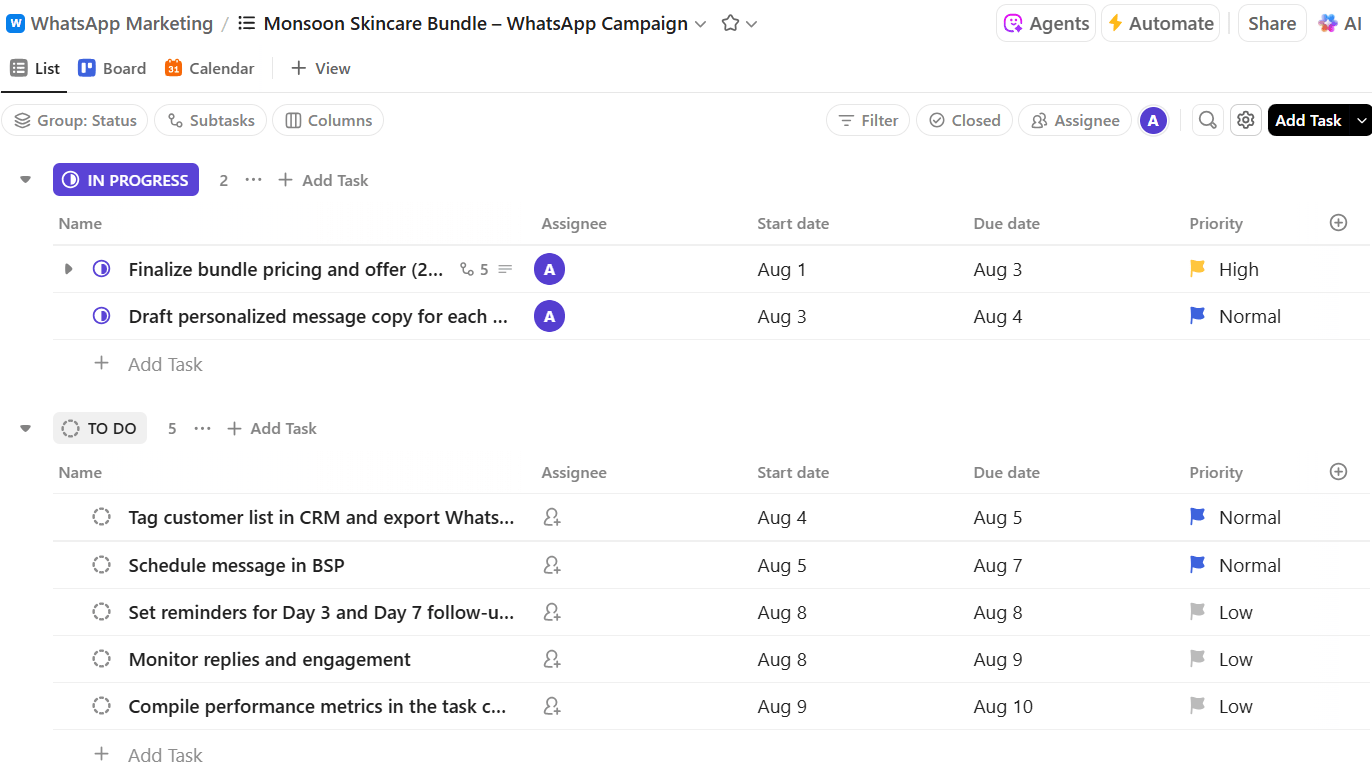 ClickUp Lists : WhatsApp Business Marketing