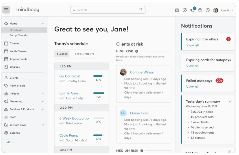 Mindbody Dashboard : Timetap Alternatives
