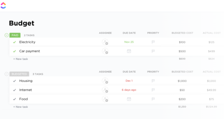 ClickUp Personal Budget Template ; Household Budget Template