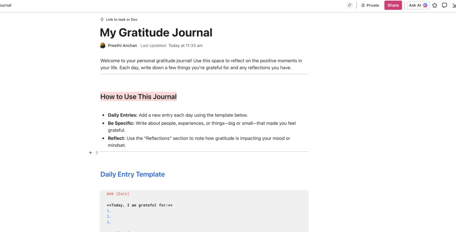 Gratitude journal with ClickUp Docs