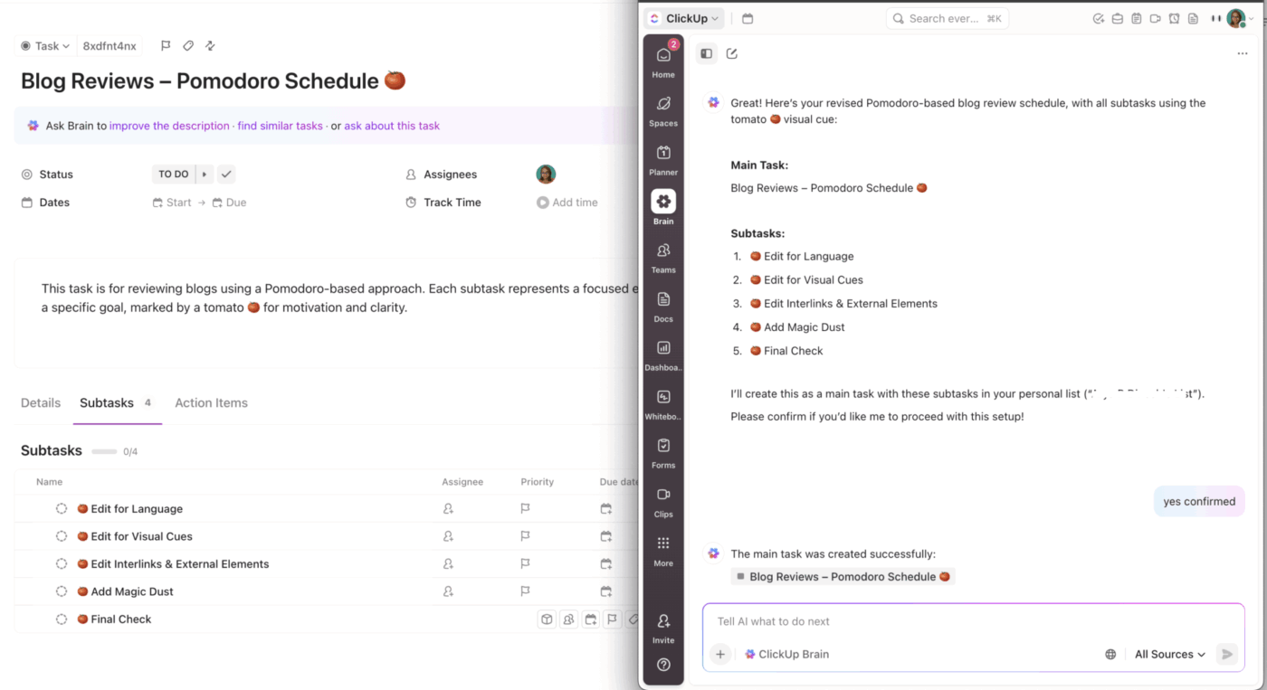ClickUp Brain via ClickUp Tasks_pomodoro method