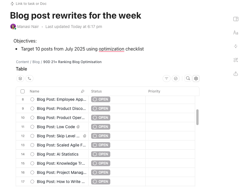 ClickUp Docs with embedded  List View