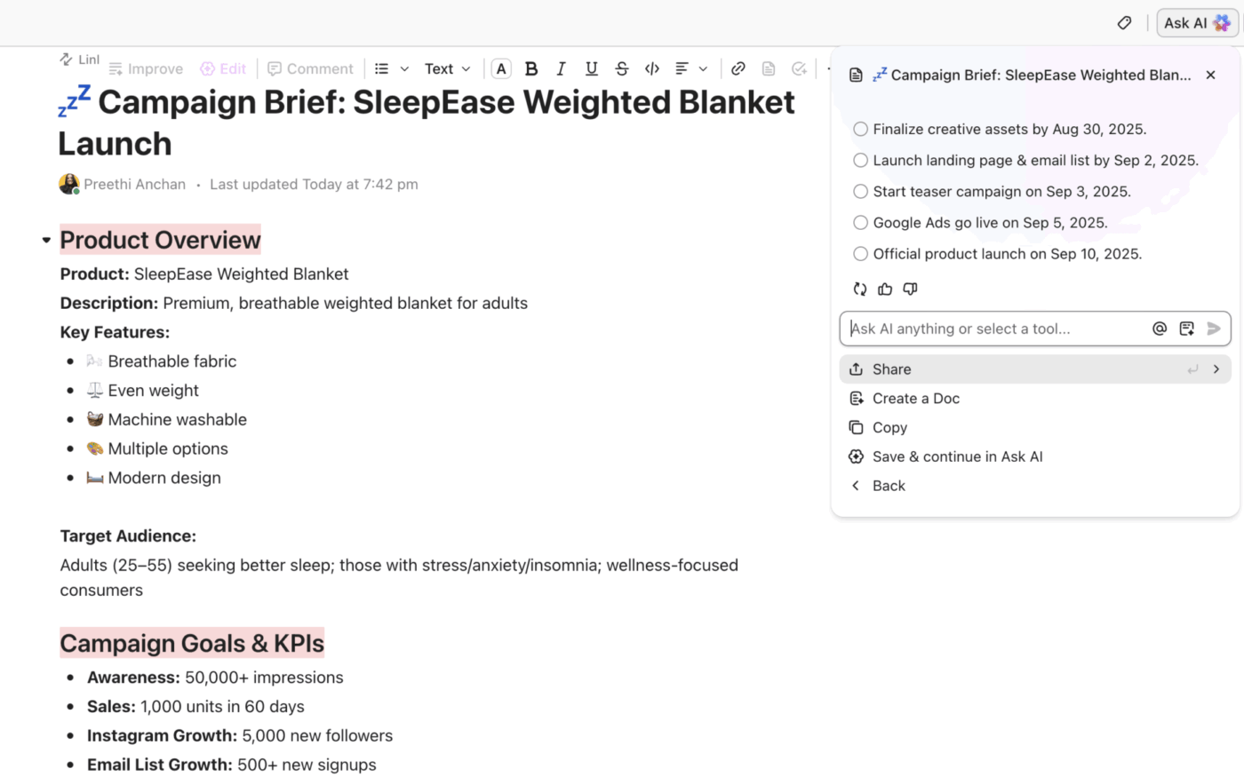 ClickUp Docs using ClickUp Brain for campaign