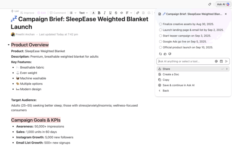 ClickUp Docs using ClickUp Brain for campaign