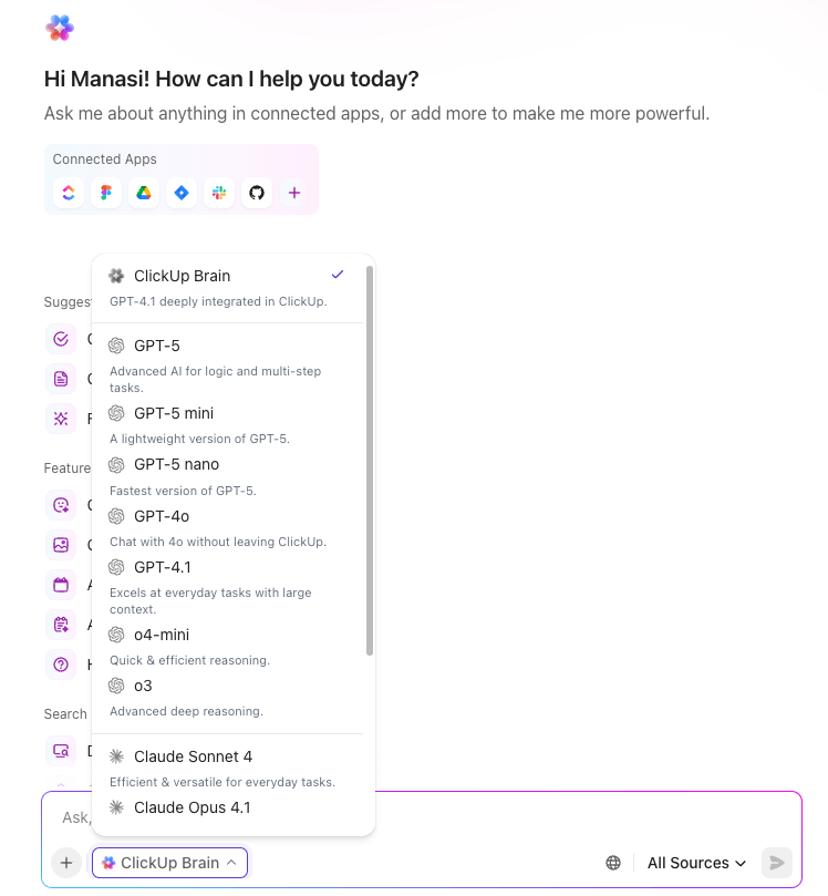 Get code from multiple Ai models like ChatGPT< Claude, and more through ClickUp Brain