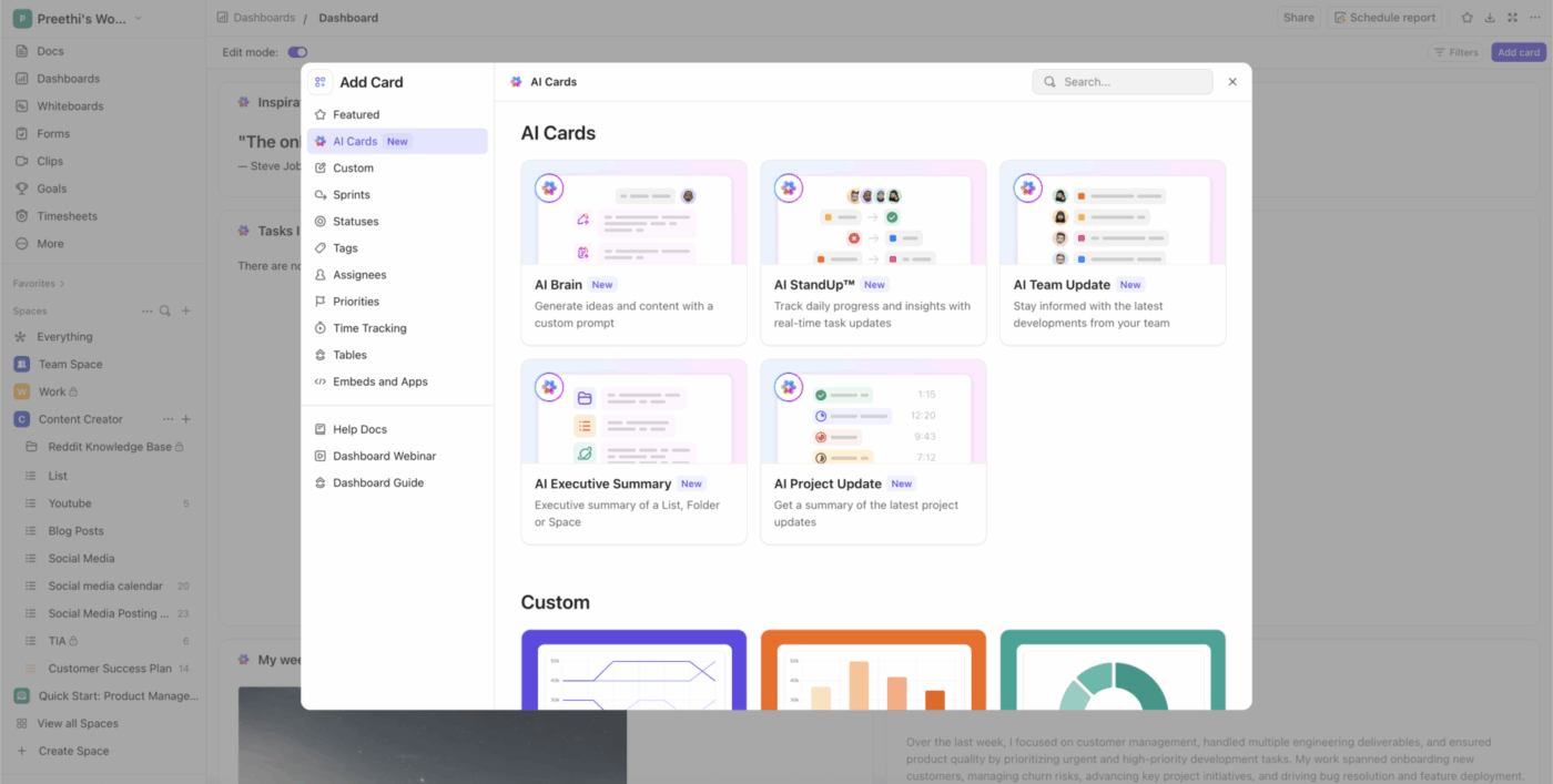 Kartu AI Dashboard ClickUp