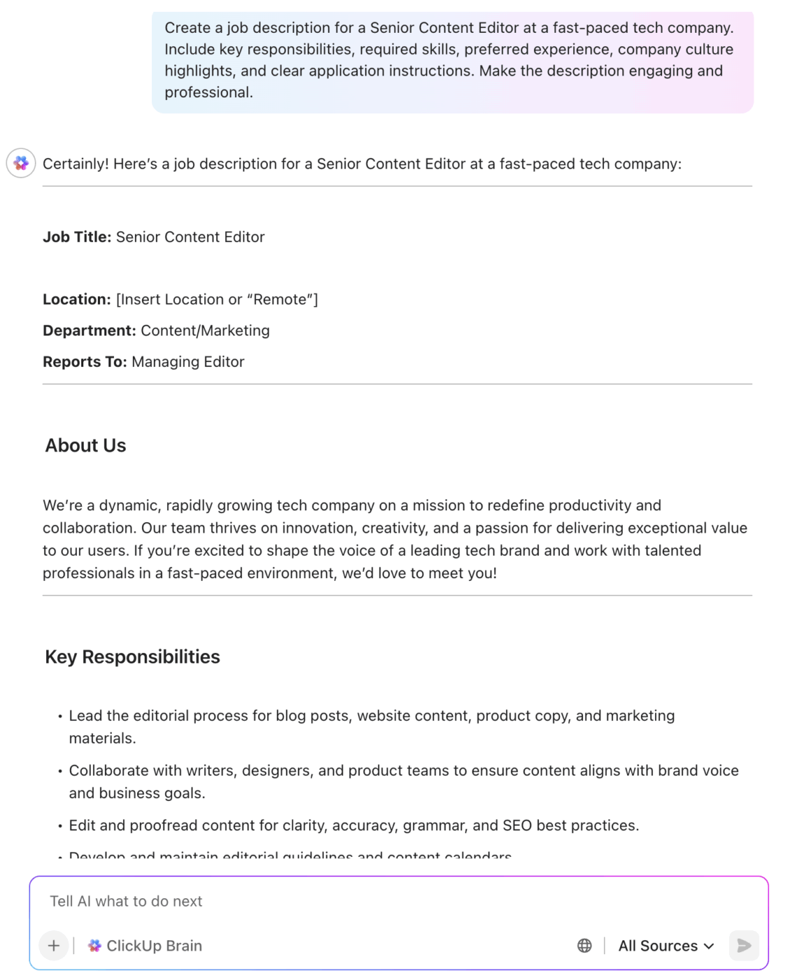 Use ClickUp Brain to write job descriptions, edit them, and tailor them per your requirements