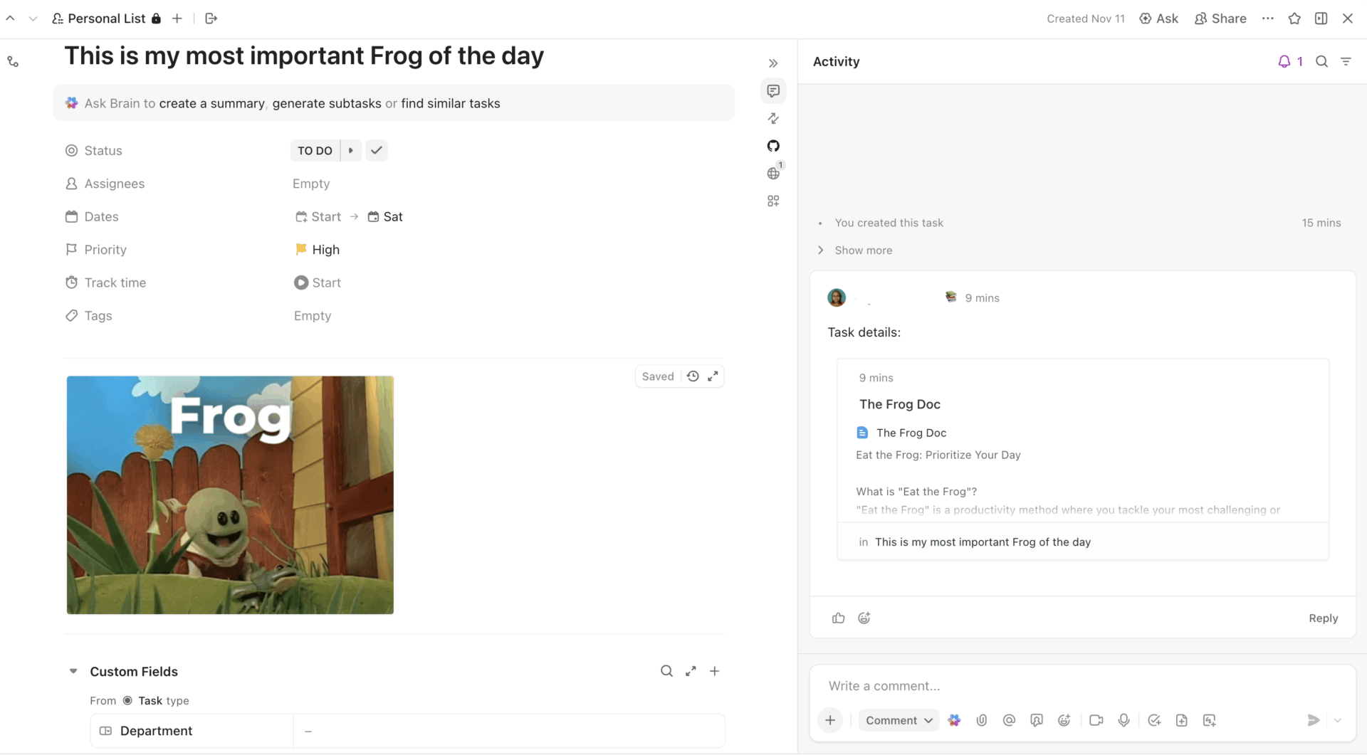 ClickUp Doc linked to the task that implements it, with status visible from the Doc
