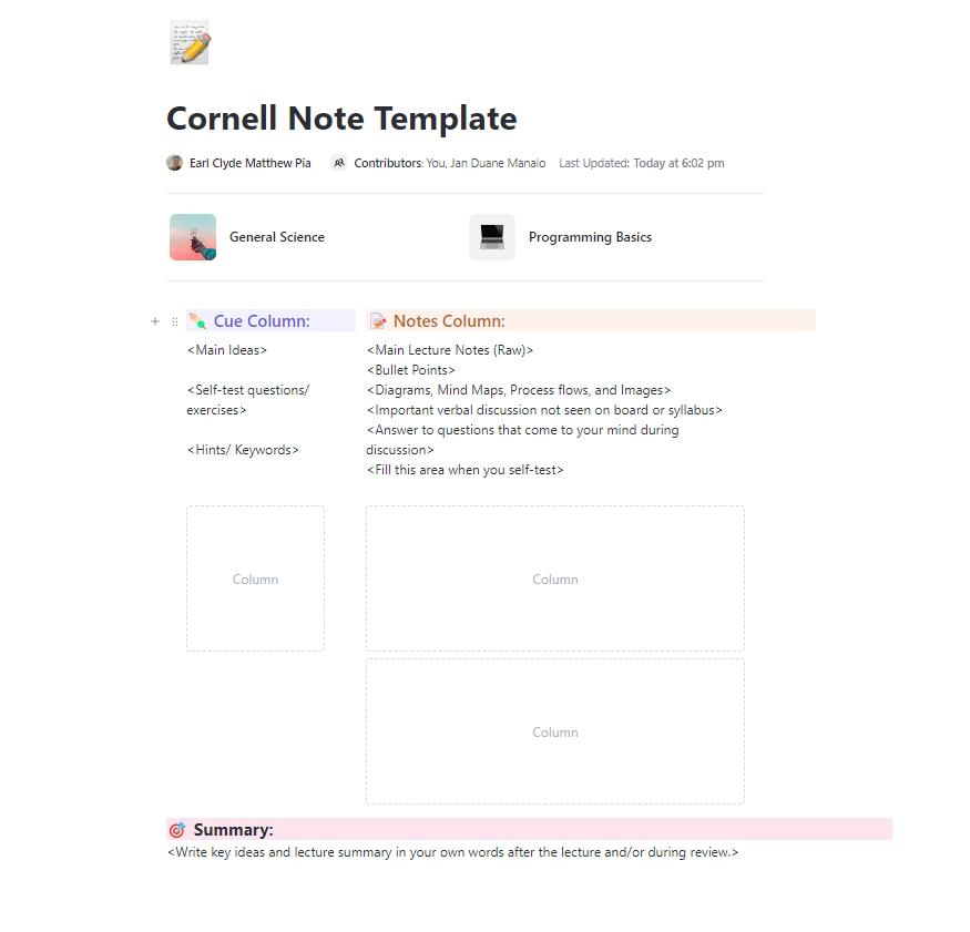 ClickUp Cornell Note Template