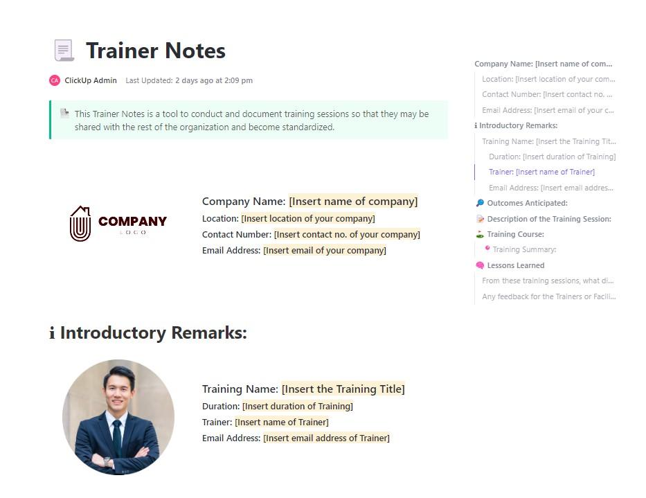 Daily Notes Templates: ClickUp Trainer Notes Template