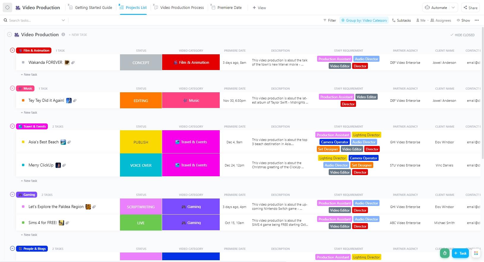 Streamline every stage of your shoot with ClickUp’s Video Production Template