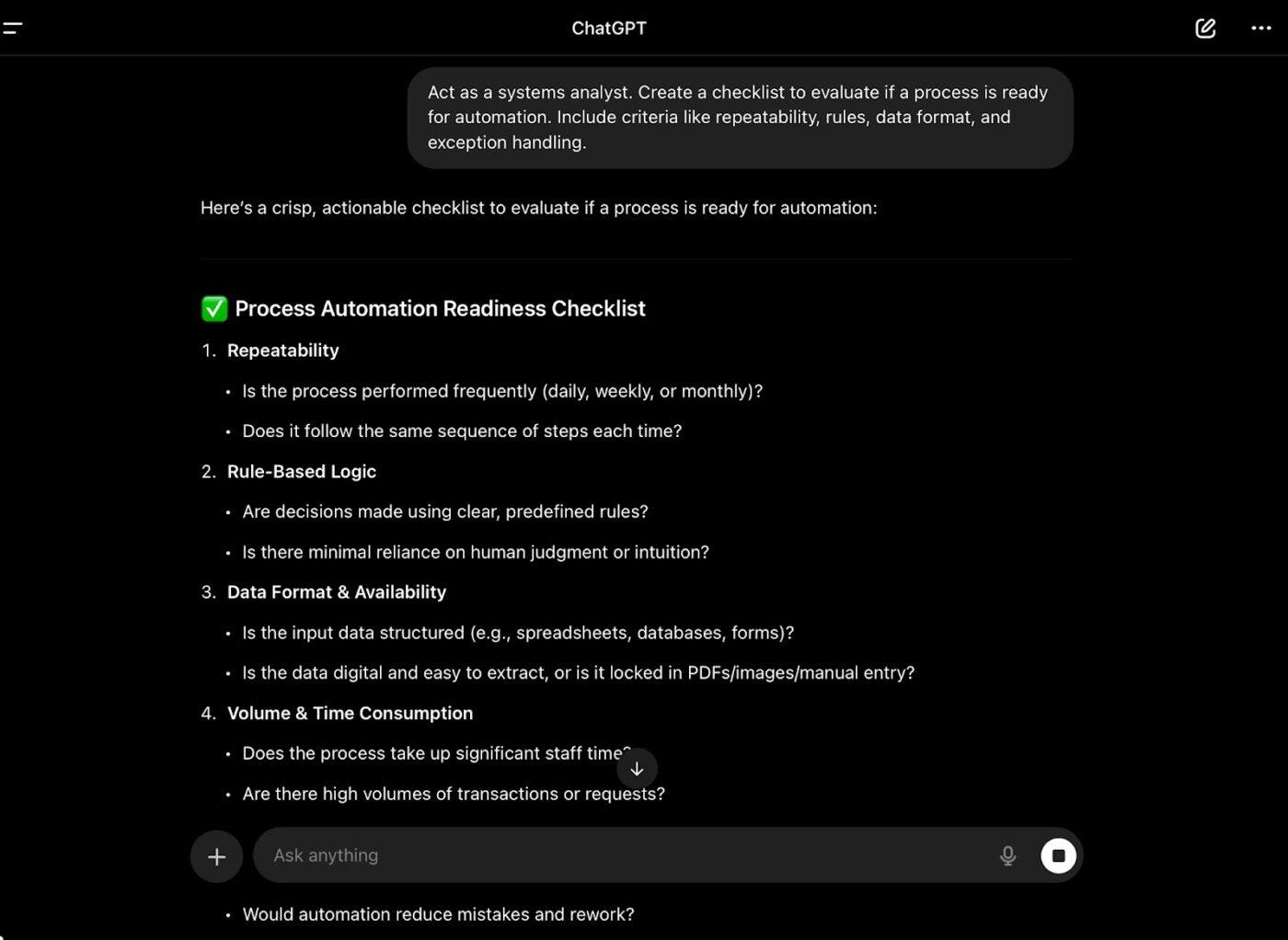 Best ChatGPT prompts to check for process automation