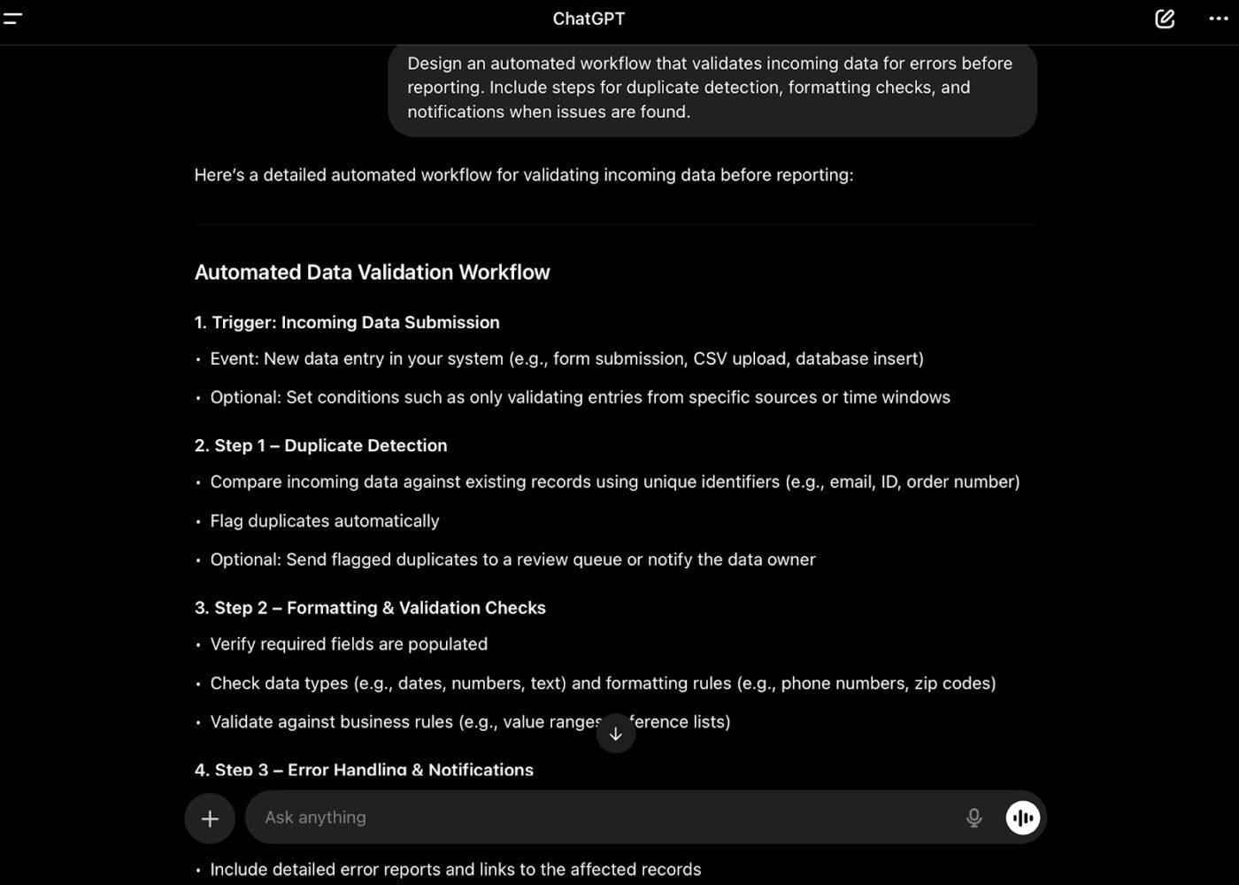 Best prompts to automate workflows in ChatGPT for clean data