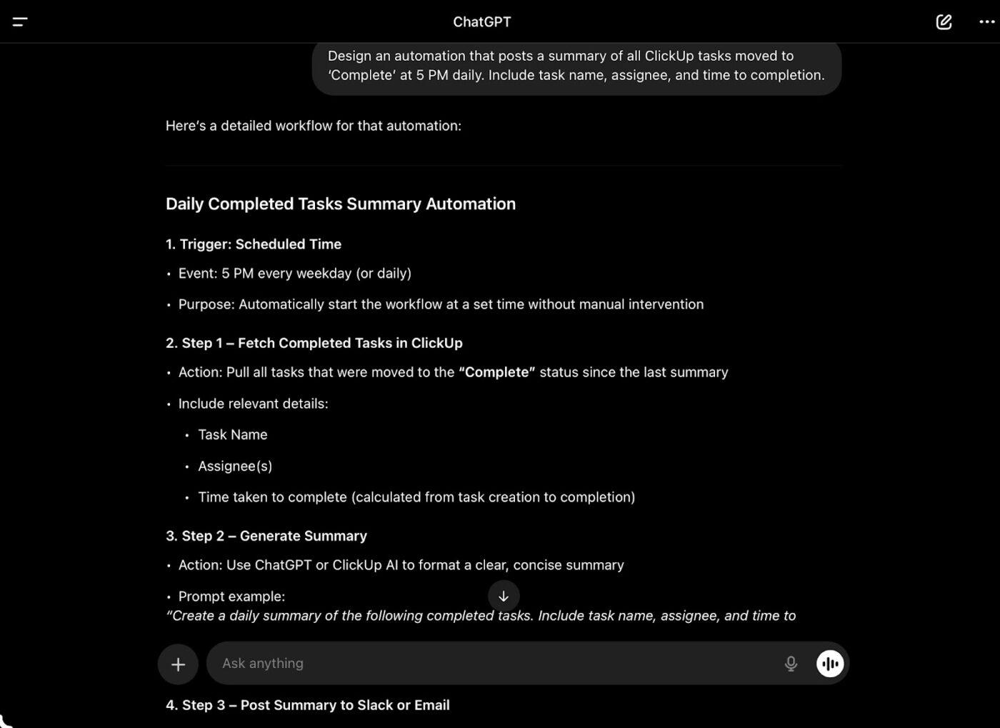 Integrate with Microsoft Teams or Slack to send updates with best prompts to automate workflows in ChatGPT