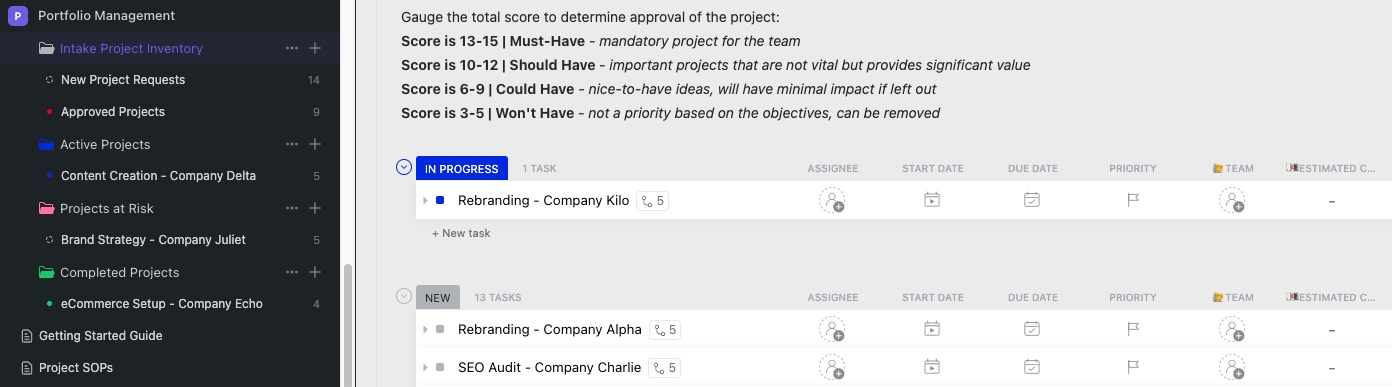 Visualize task progress and goals for multiple initiatives in one place with the ClickUp Portfolio Management Template