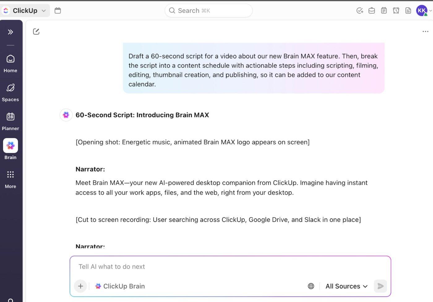ClickUp Brain: Write video scripts with AI