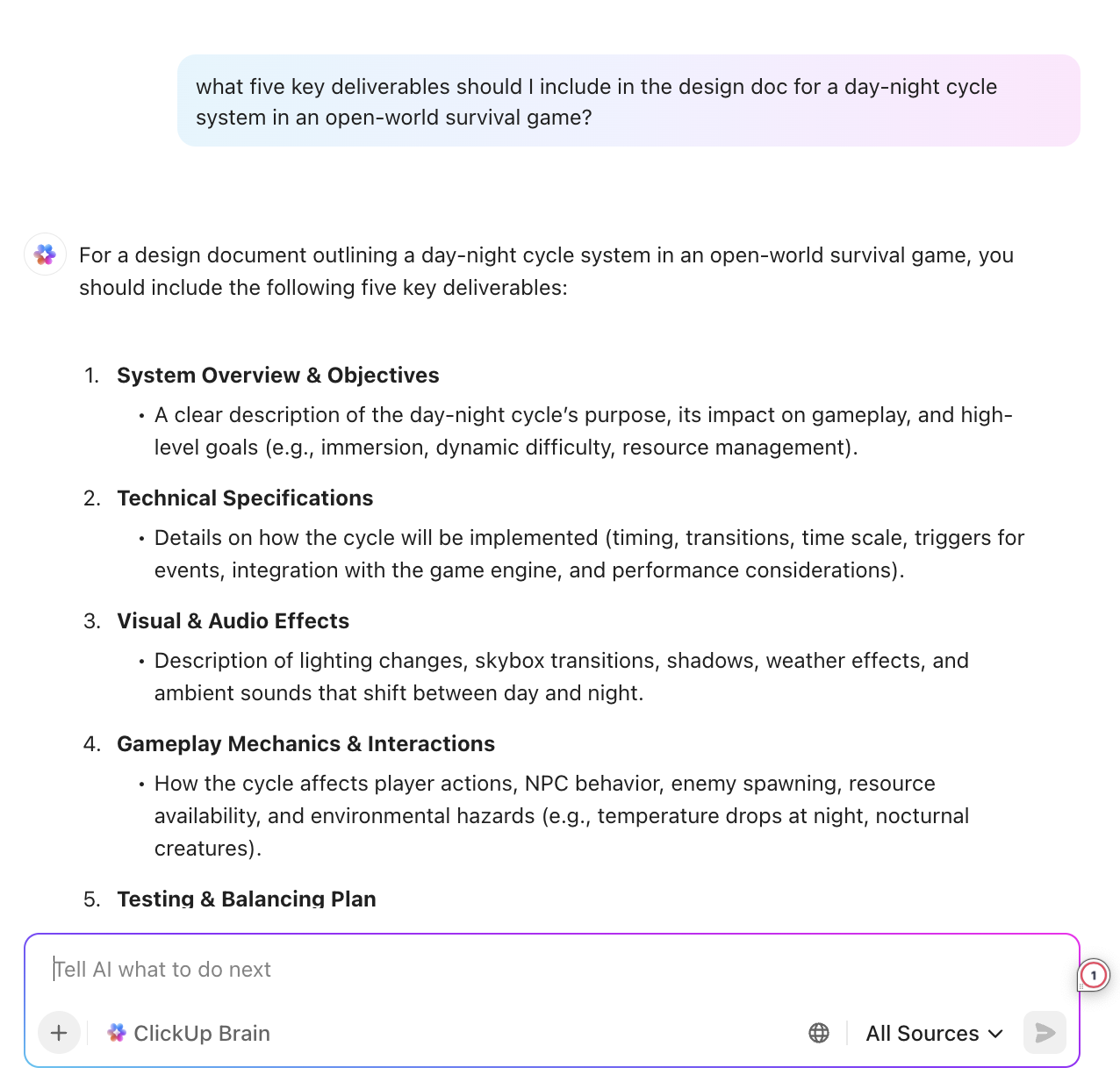 Generate smarter game deliverables instantly with ClickUp Brain