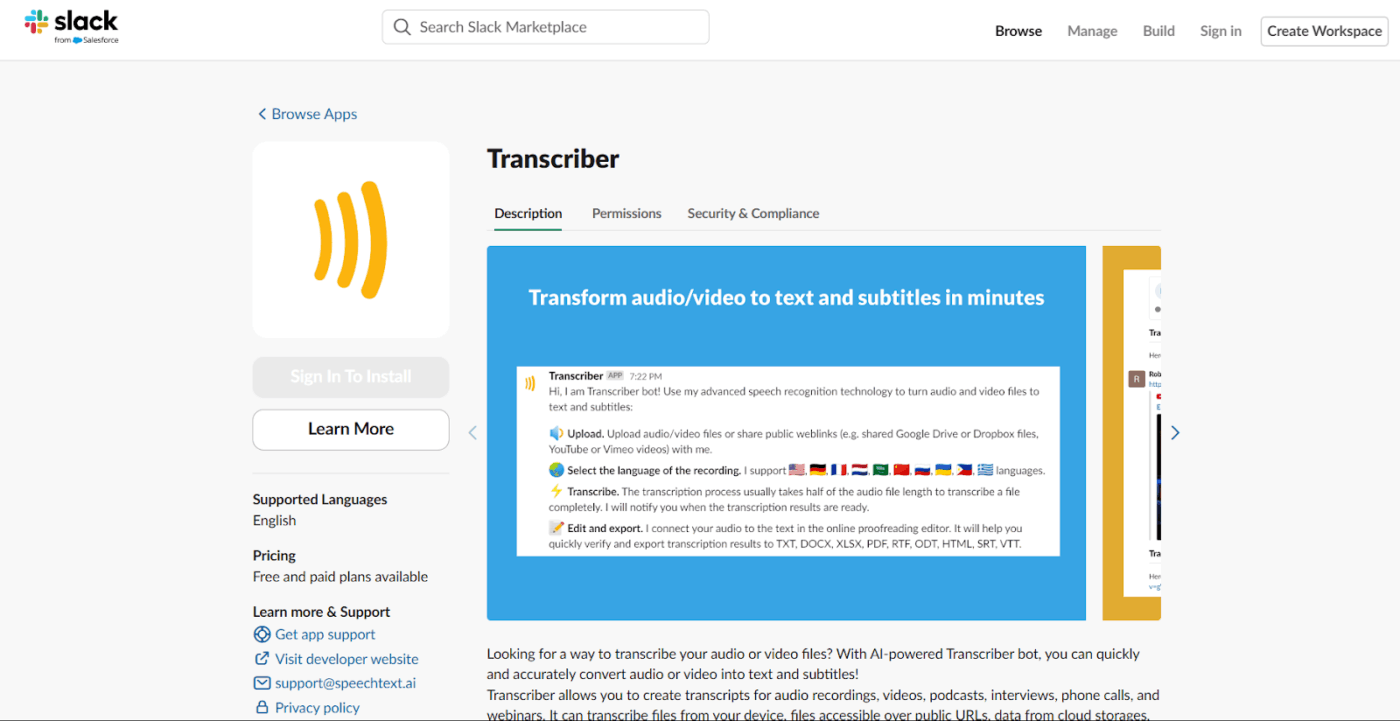 Slack Transcriber app in Mac for data transcripts