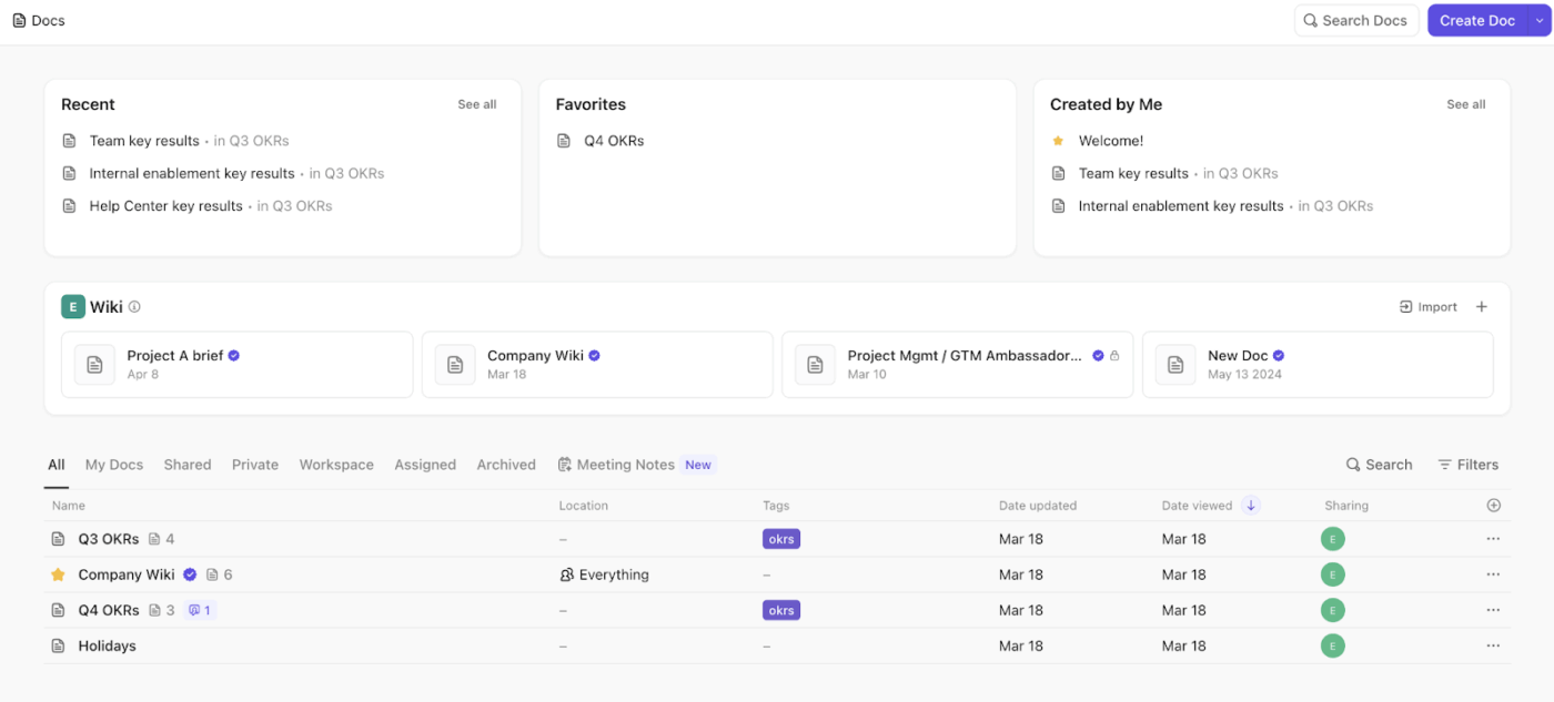 Hub de documentos de ClickUp