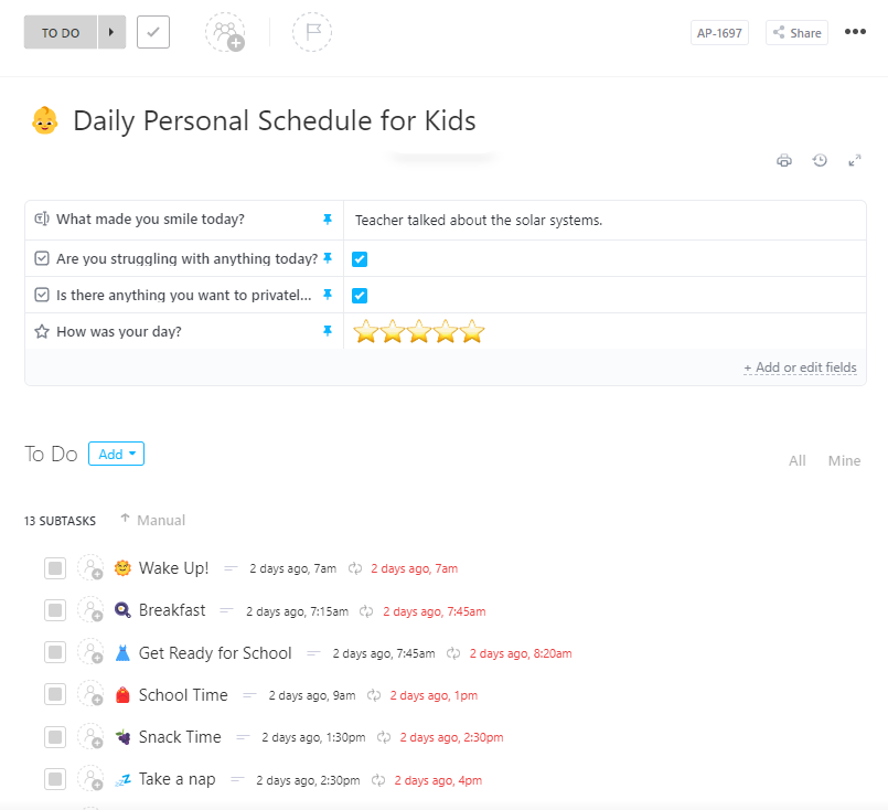 Custody Schedule Template: ClickUp Daily Personal Schedule for Kids Template