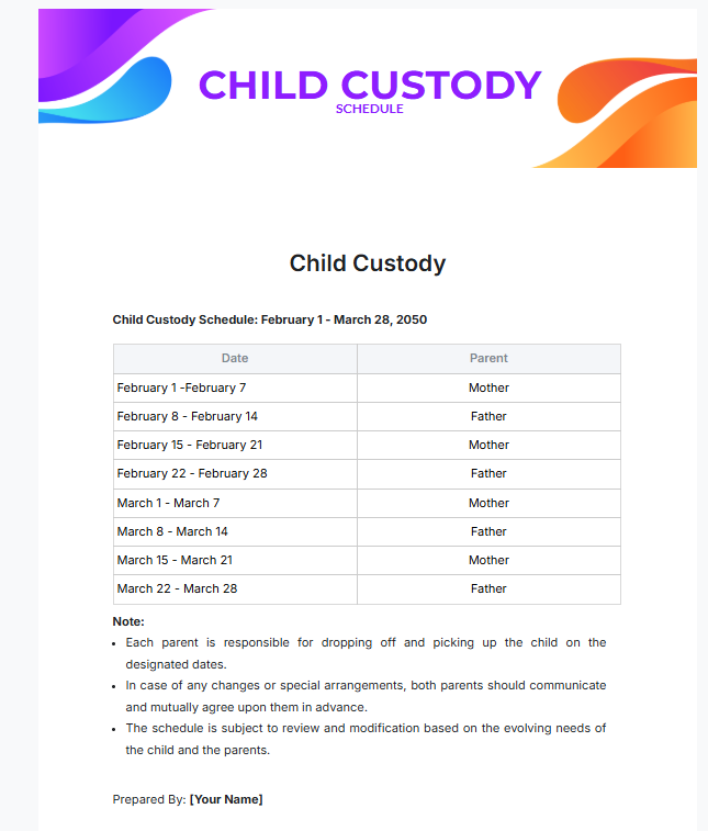 Custody Schedule Template: Child Custody Schedule Template by Template.net