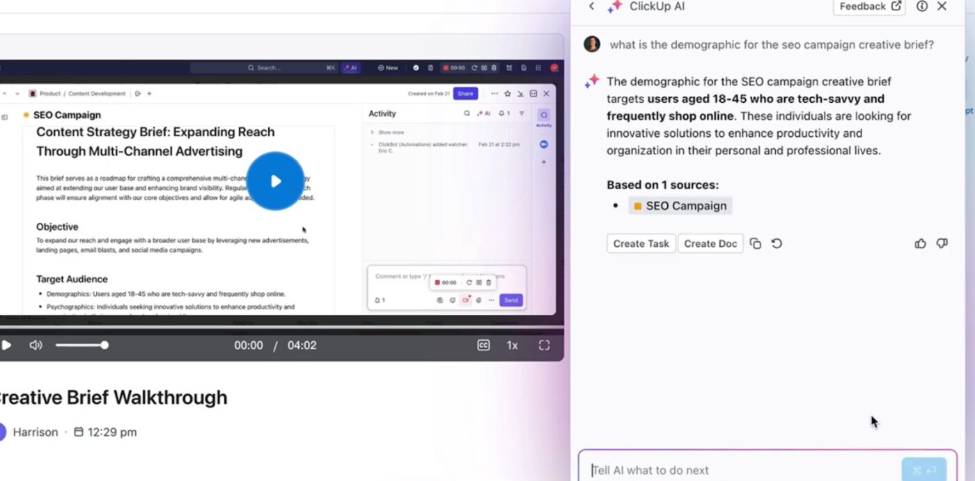 ClickUp Brain: Create action items automatically, replacing the Slack experience entirely