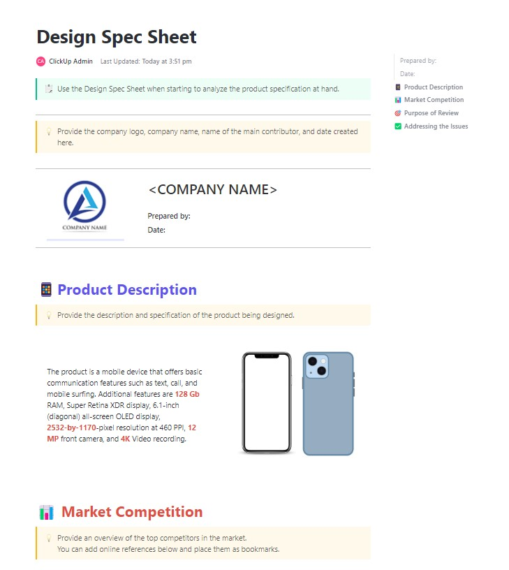 ClickUp Design Spec Sheet Template