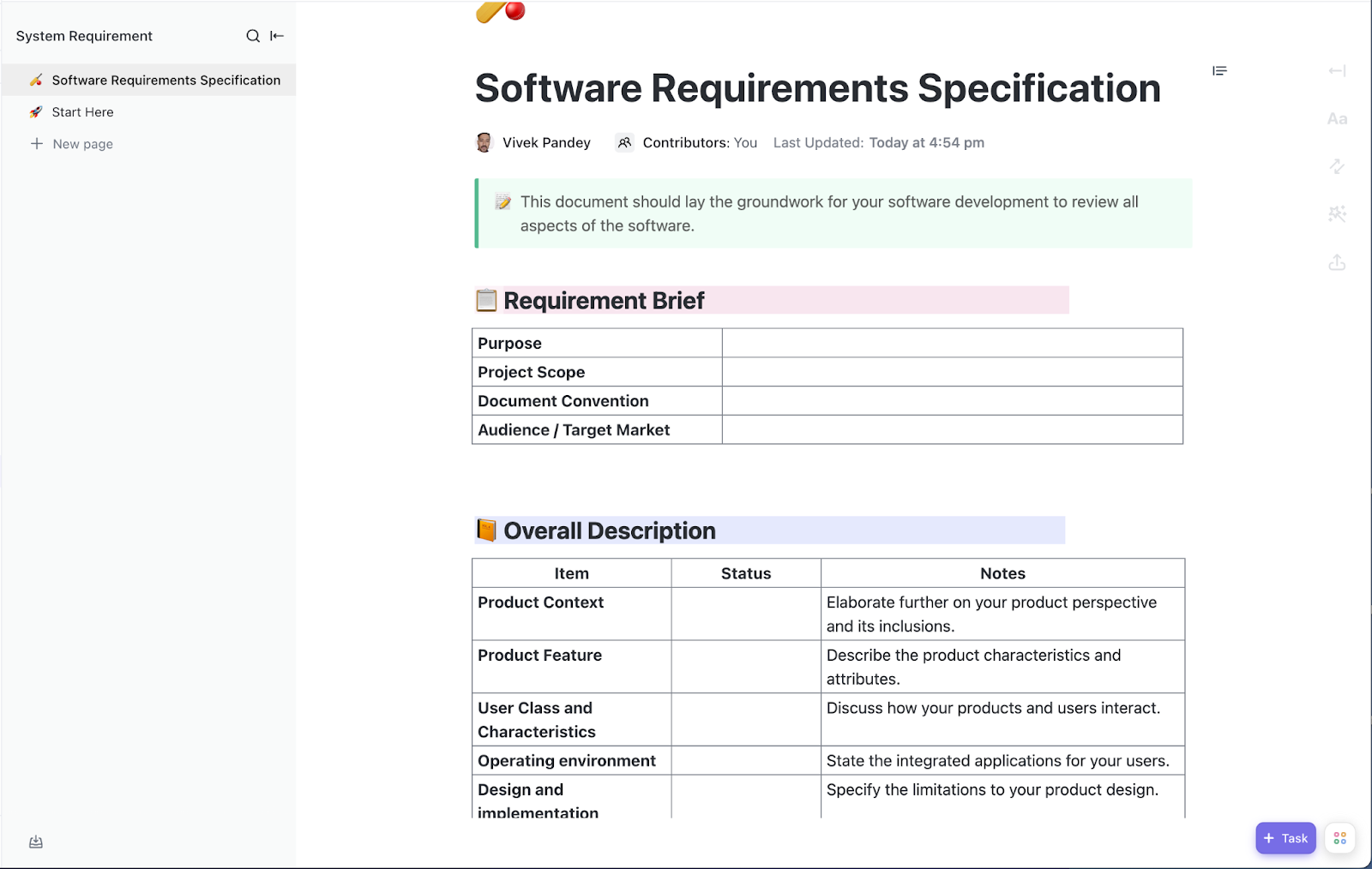 ClickUp System Requirements Template