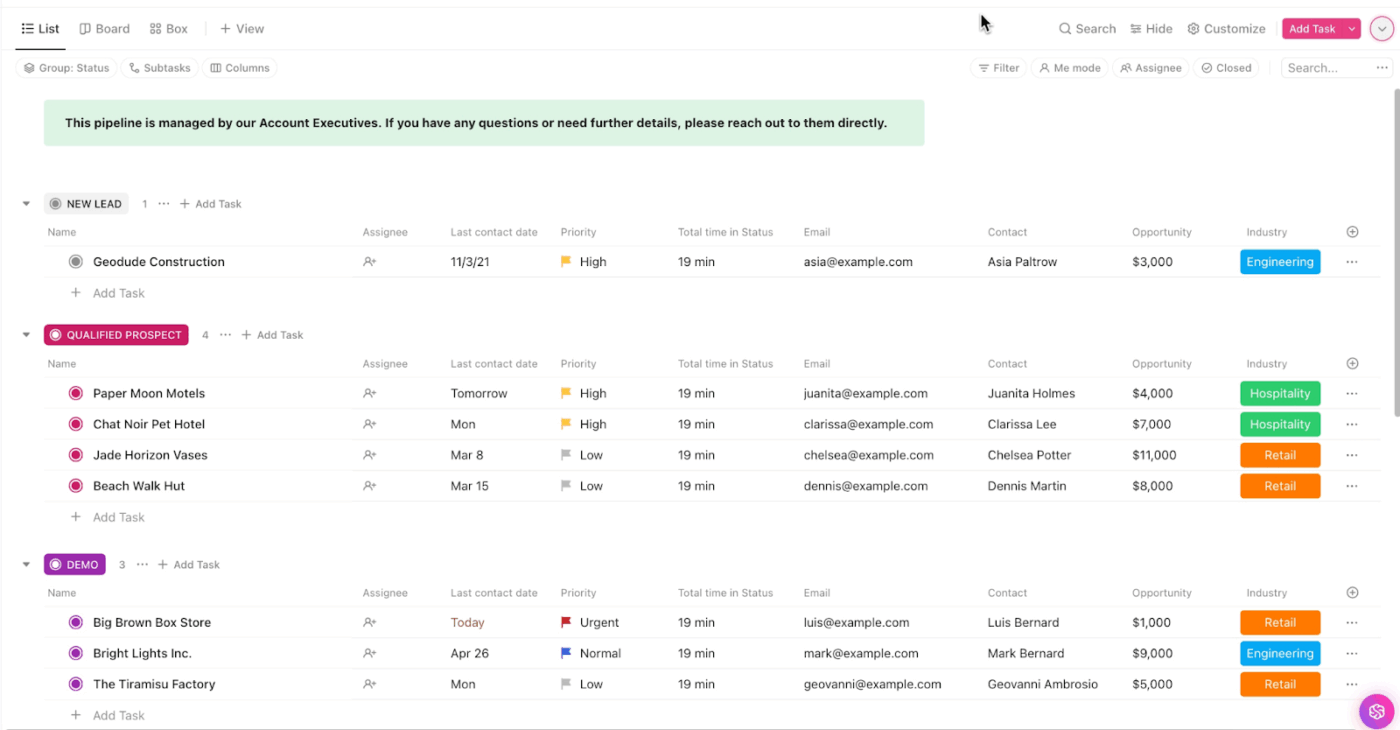 Sjabloon voor het beheer van de verkooppijplijn door ClickUp