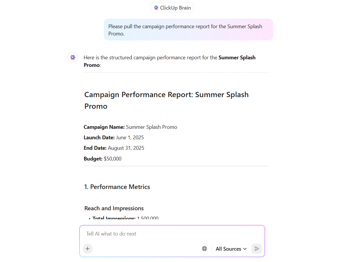 ClickUp Brain: Pull campaign performance insights