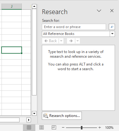 Excel research pane