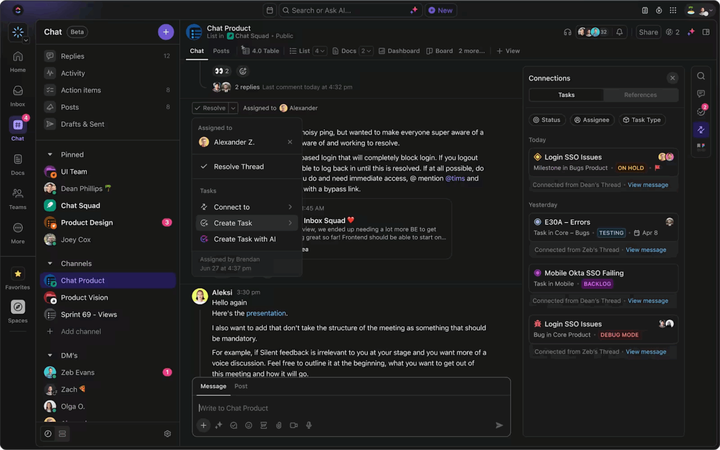 ClickUp’s chat view