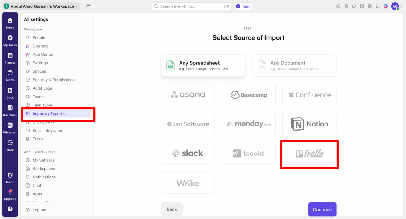 Navigate to the import tool: how to import trello into clickup