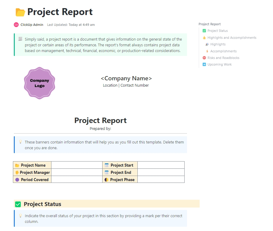 ClickUp Software Developers Project Status Report Template