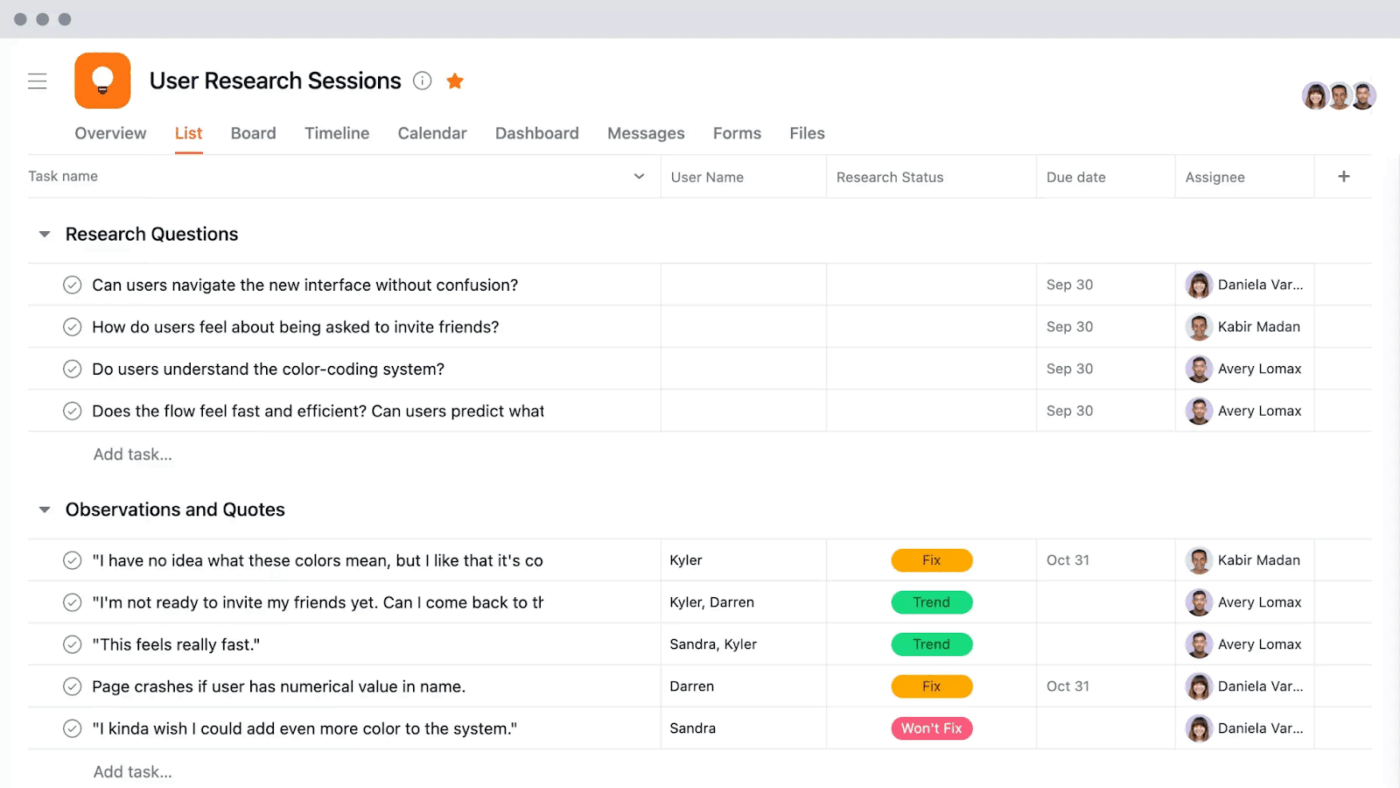 Add tasks for user research with this Asana template