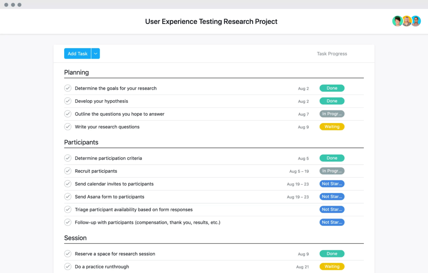 Asana usability testing plan template to organize projects in more detail