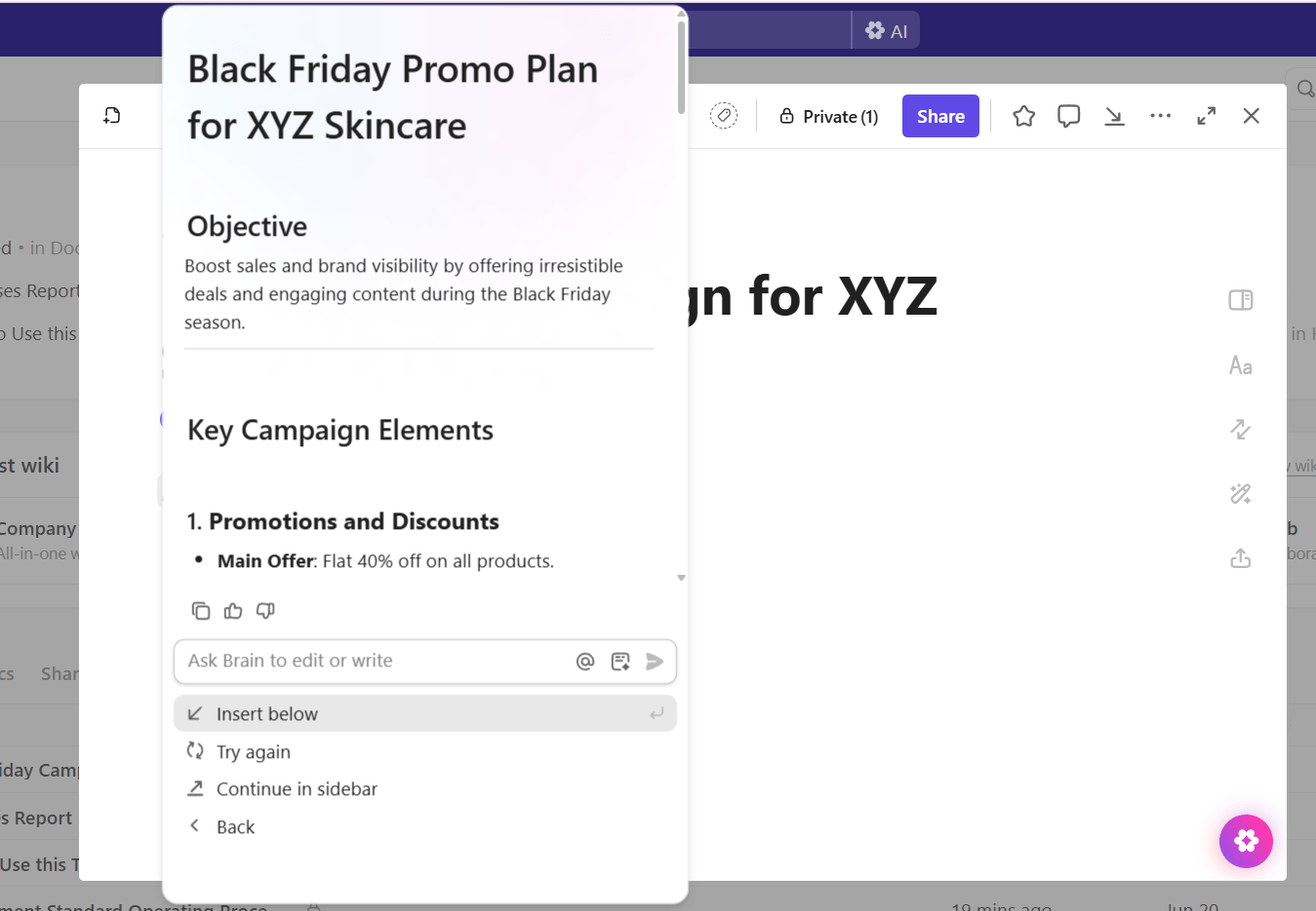 ClickUp Brain in Docs: Get key takeaways from marketing campaign plans