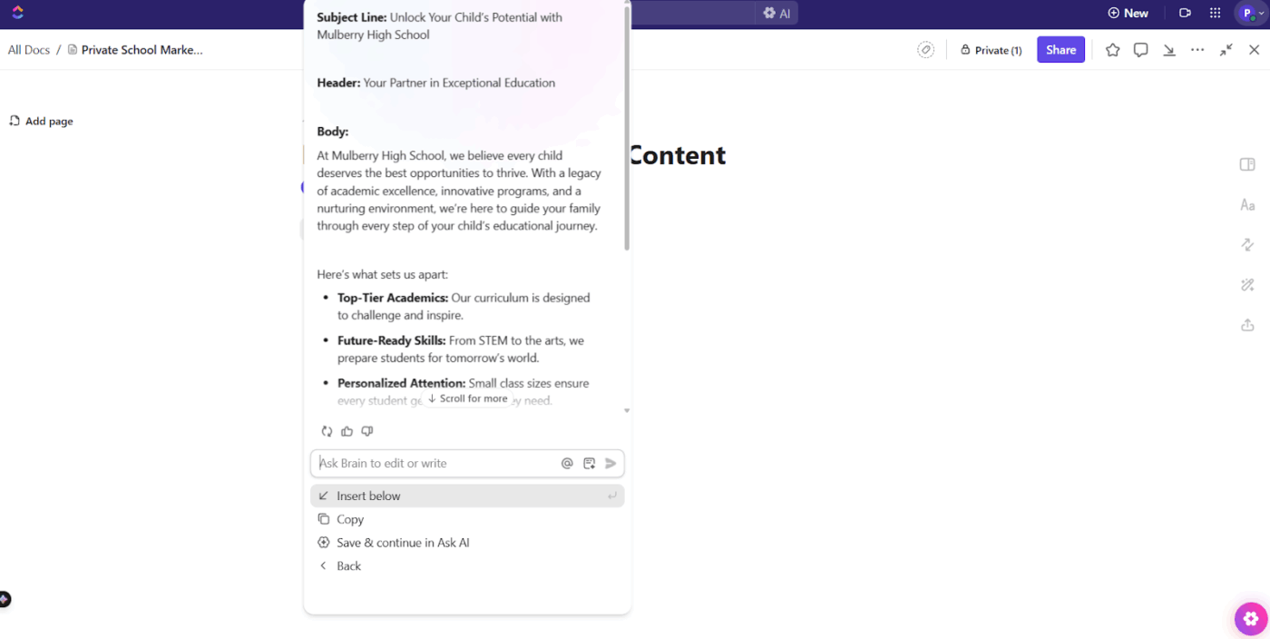ClickUp Brain: Educate parents with content that aligns with your school's values to boost the school's visibility