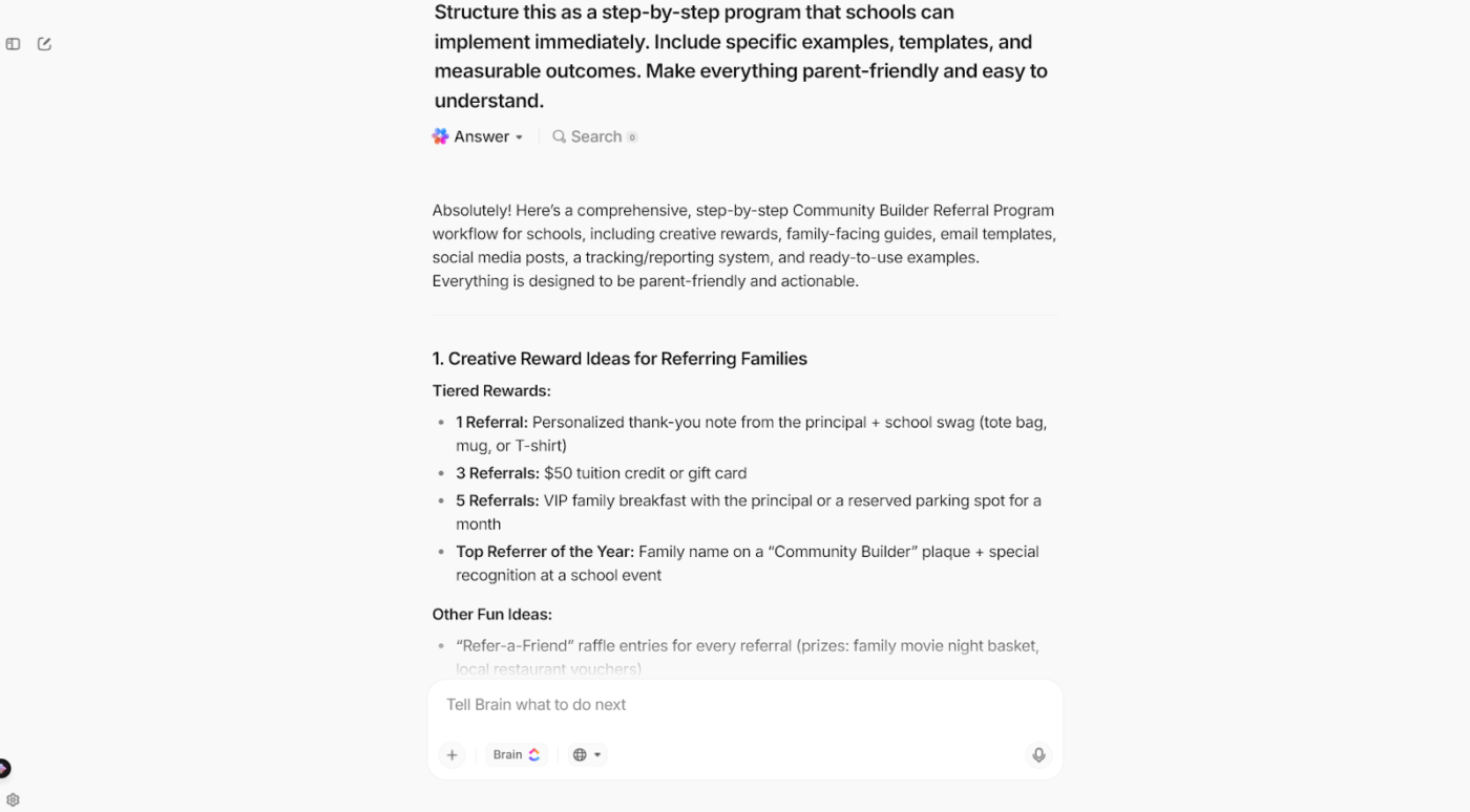 ClickUp Brain MAX: Retain students with marketing strategies for schools