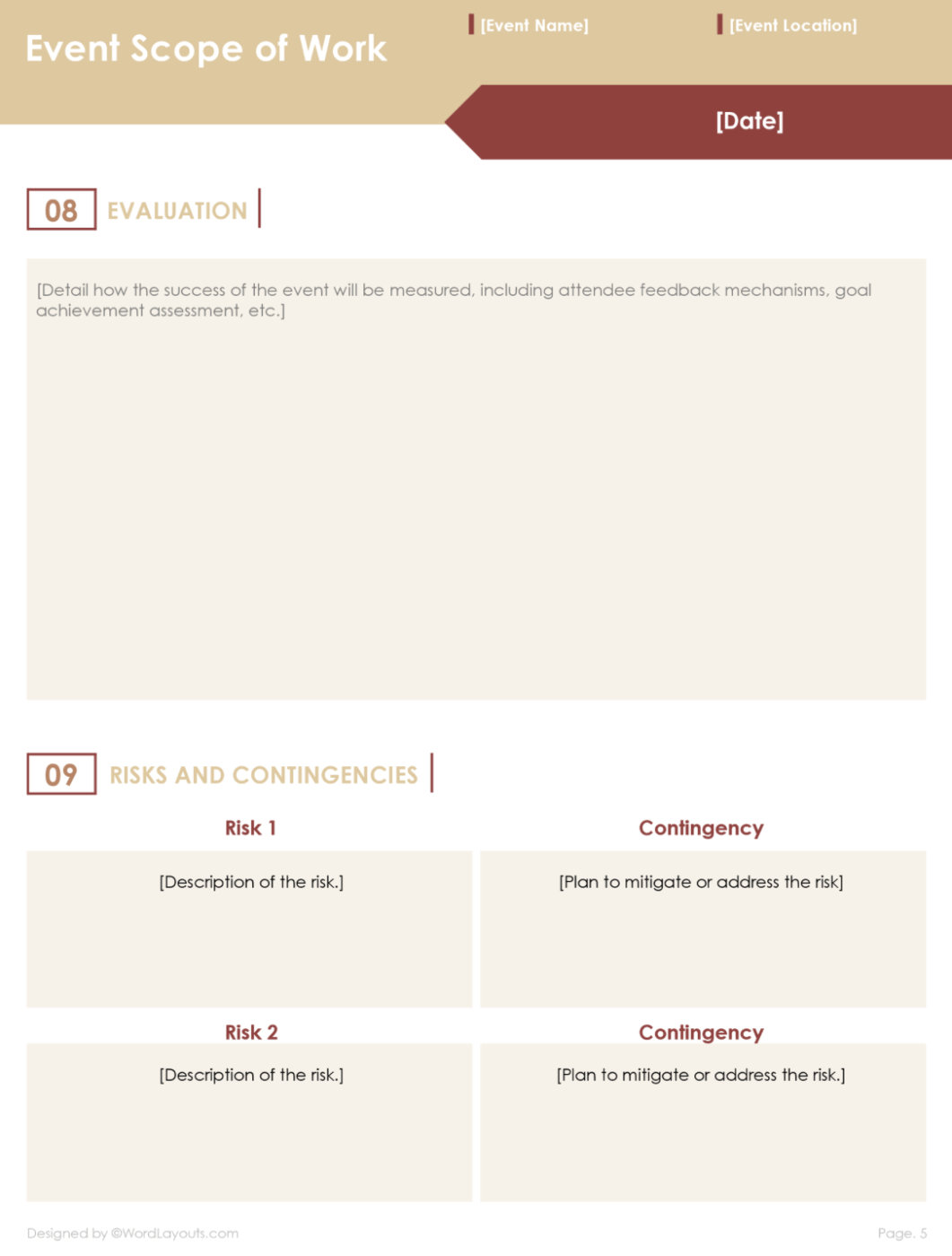 Event Scope of Work Template Google Docs by WordLayouts: Organized design to manage event details you can download