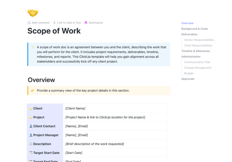 ClickUp Scope of Work Template: Define project objectives deliverables and timelines with clarity