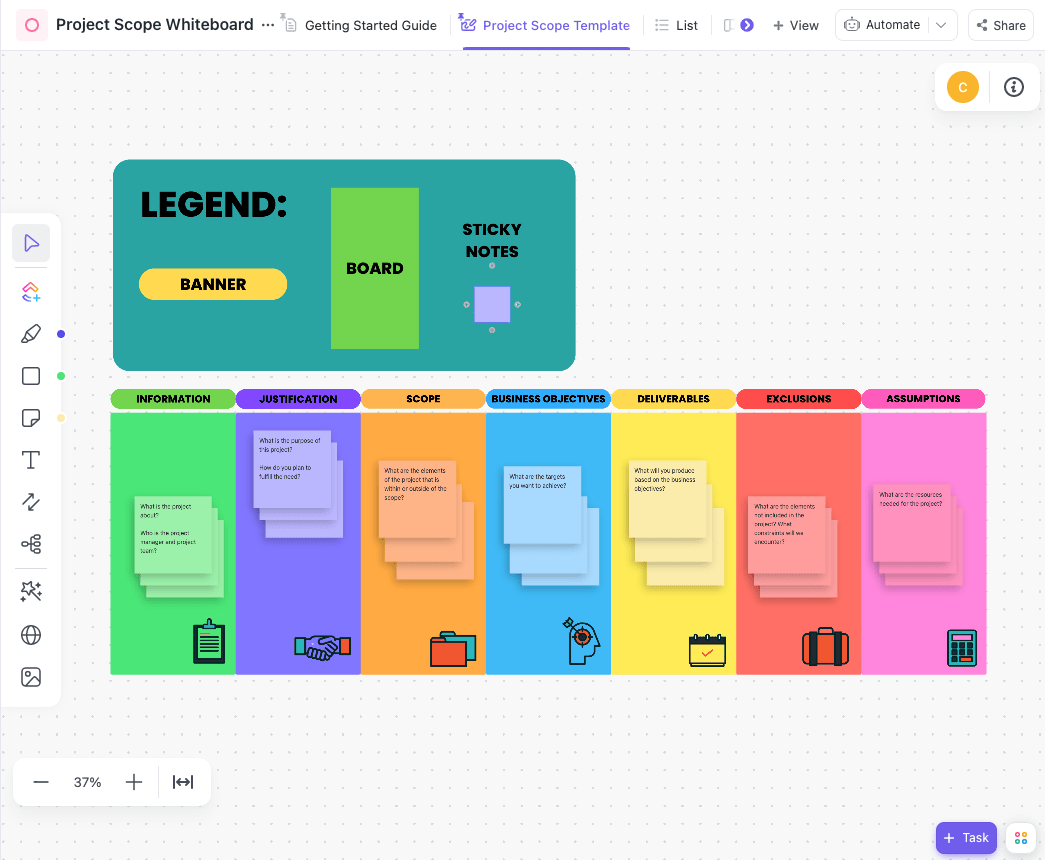 ClickUp Whiteboard Scope of Work Template: Map scope visually with drag and drop collaboration tools