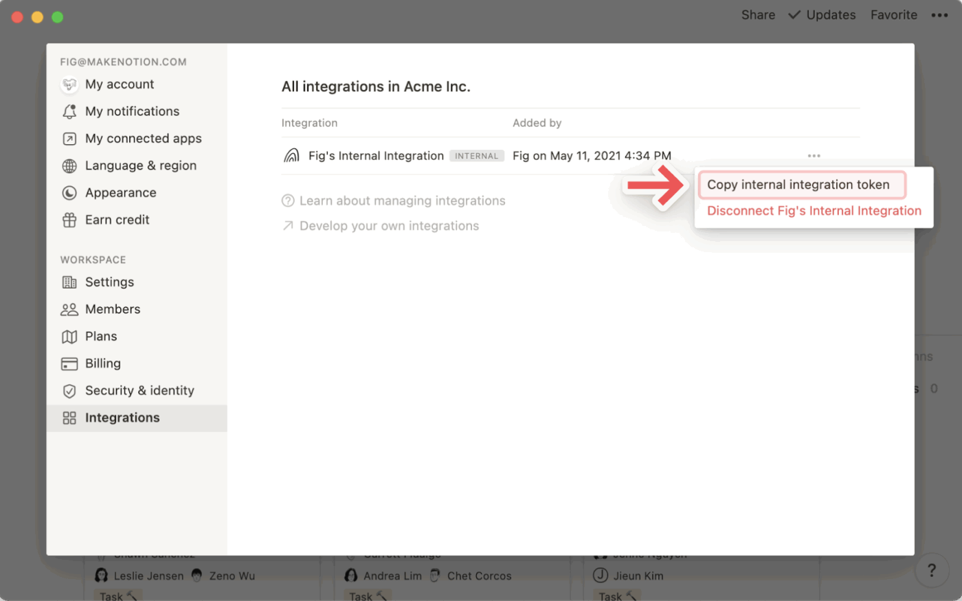 Focus on sharing a webhook integration with a database button in Notion