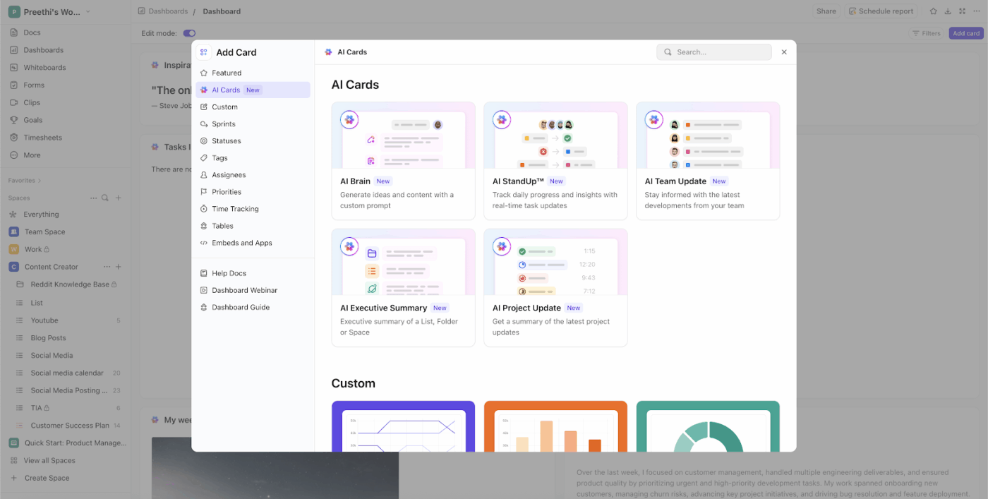 ClickUp Dashboards AI Cards: Understand the importance of quick updates