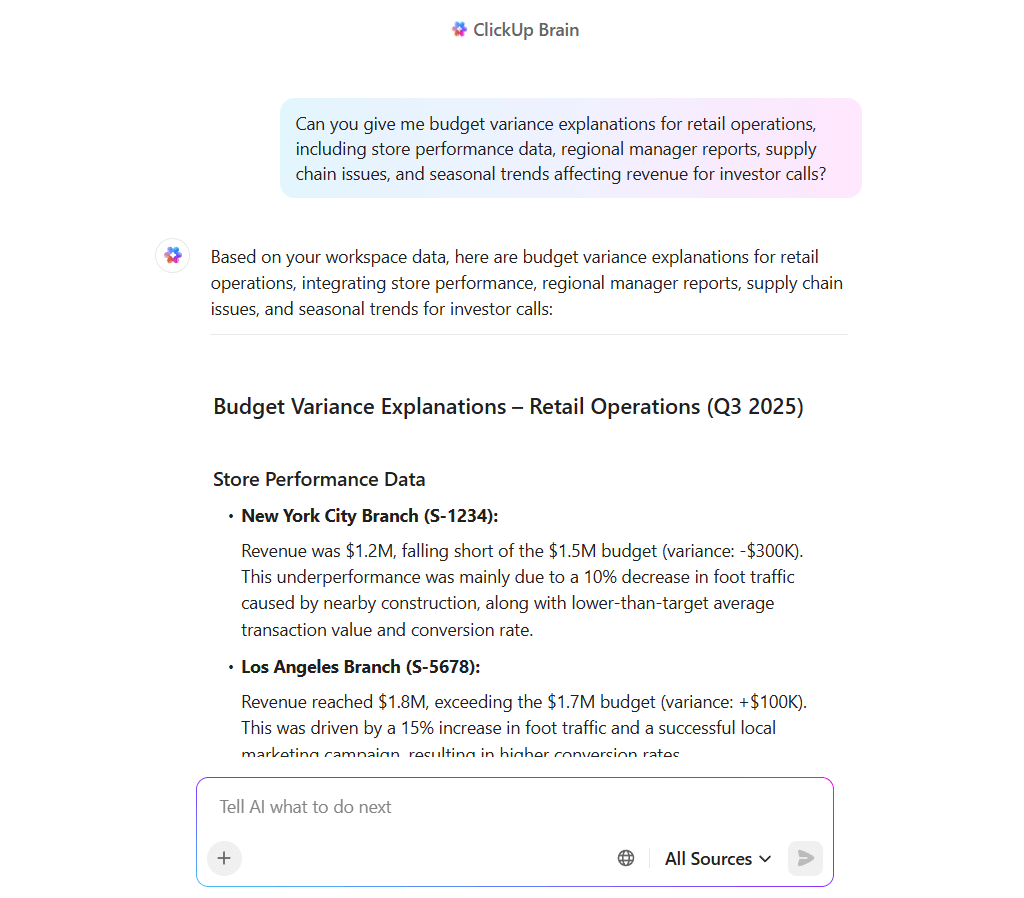 ClickUp Brain for financial AI enterprise search use cases