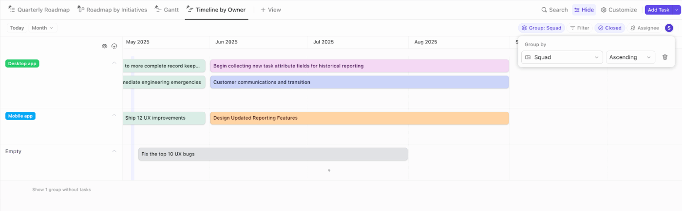 Visualização da linha do tempo do ClickUp: veja todos os detalhes do seu projeto em um piscar de olhos