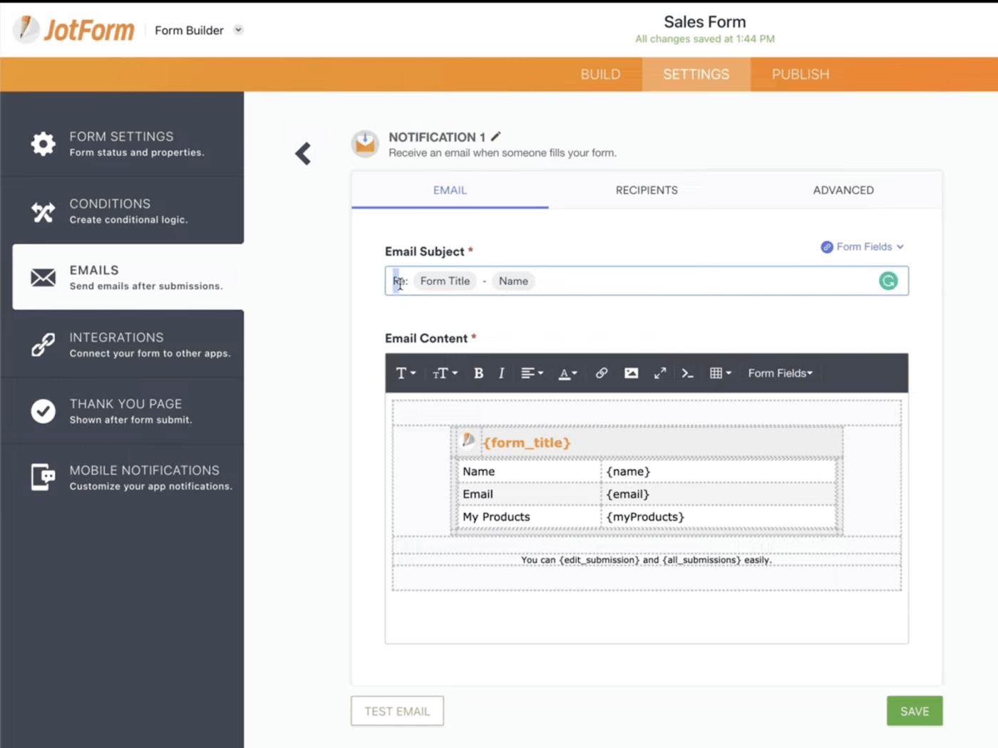 Diverse instellingen voor verzenden en automatische antwoorden met Jotform